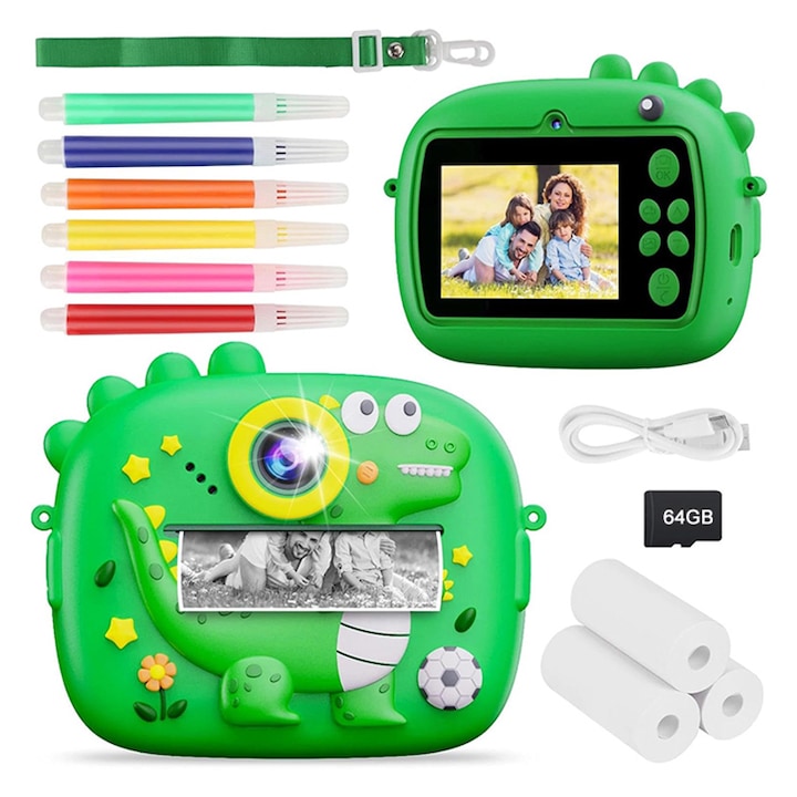 Rqiurpn Kids' Instant Camera, 1100mAh Battery, 2.4-inch, HD 1080p, 48 Million Pixels, 64GB, Complete Set with 3 Printing Paper Rolls and 6 Colored Pens, Interactive Games, Educational Gift, Green