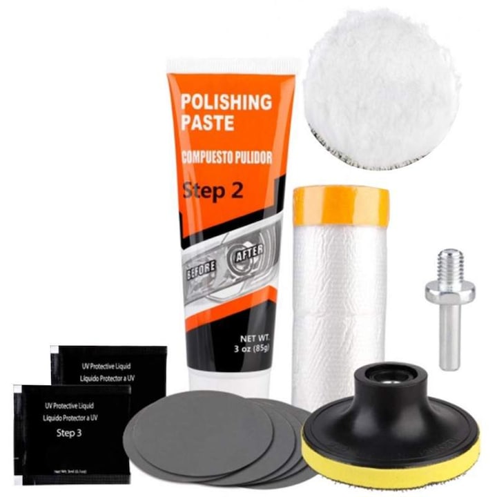 Kit Polish Faruri Auto Profesional SIKS Pentru Reparare Si Restaurare Cu Adaptor De Bormasina Inclus  Format Din Pasta Polish  Bureti Si Discuri Abrazive  12 Accesorii