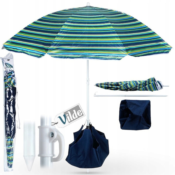 Set Umbrela De Plaja Cu Baza  Vilde  147x120 cm Pana La 190 cm  Cadru Pliabil Si Inaltime Reglabila  Constructie Rezistenta Si Solida  Protectie Impotriva Radiatiilor Uv Si A Ploii  Stabil Datorita Sacului Cu Nisip  Alb/Verde/Albastru