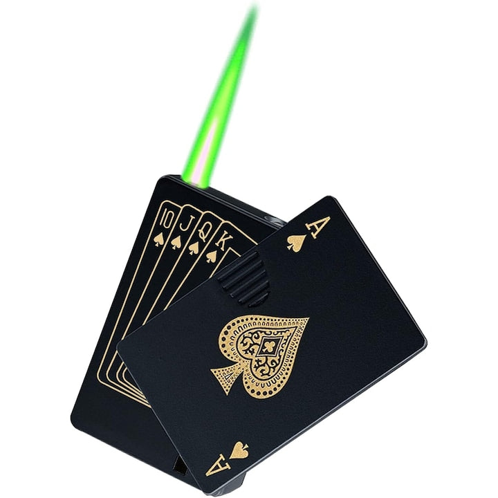 Bricheta Reincarcabila cu Butan  design Poker  flacara verde  rezistenta la vant  cutie cadou