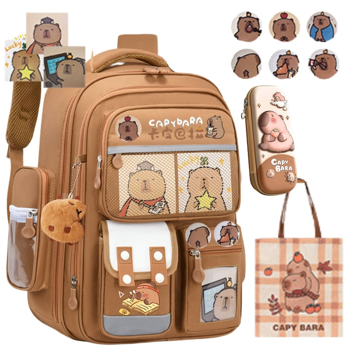 School Backpack, Capybara Theme, Fantasy, Free gift: a capybara canvas bag, a pencil case, six badges, three cards and a keychain, 3 compartments, 2 side pockets, 2 front pockets, 28x18x38 cm, Adjustable straps, Spinal support, Small
