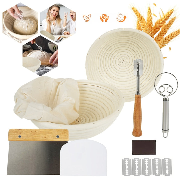 Sourdough Starter Kit, Sourdough Bread Baking Supplies, 2x Round Bread Proofing Baskets, Dough Whisk, Metal Scraper, Plastic Scraper, Baking Tools