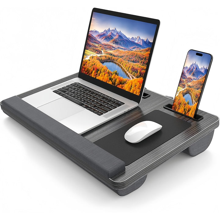 Masa laptop pentru poala cu mouse pad  Wacorresi  Masa laptop pentru poala  cu Suport Telefon  Perna Dubla  Ergonomic  Realizat Din Lemn  cu Maner  cu mouse pad  pentru pat  birou  canapea  masina  greutate redusa  55x34x6cm  negru