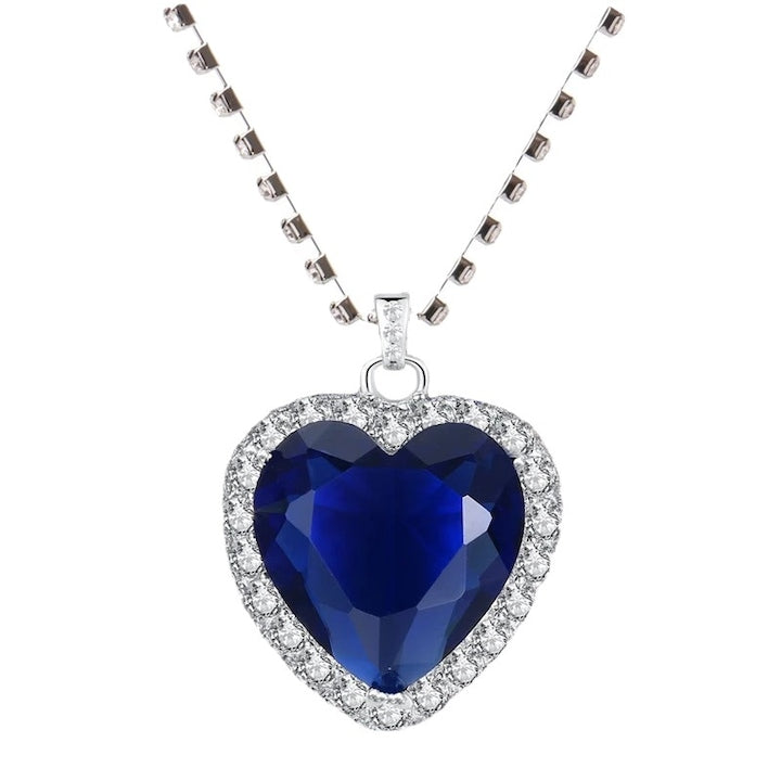 Fantasy - 925 Sterling Silver White Gold Plated Necklace with Crystal Heart Pendant, Women's Necklace, Heart of the Ocean, Titanic, Anniversary Gift, Blue/Silver