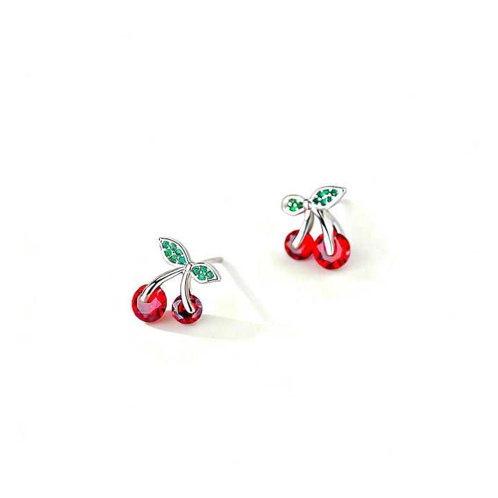 Cercei Argint 925 cu Pietre Zirconiu  Model Cirese  1 cm x 1 cm  Rosu