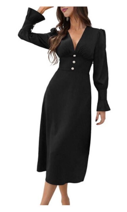 OEM - Rochie midi dama maneci bufante nasturi volane negru elastan 12 rate cu 0% dobândă
