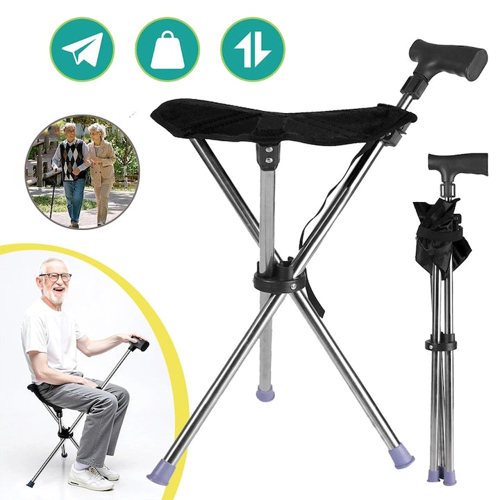 2-in-1 Mobility Cane with Seat, Folding Cane Seat, Travel Cane, Lightweight Cane, Unisex, for Seniors, Lightweight 2-in-1 Cane and Chair, Black