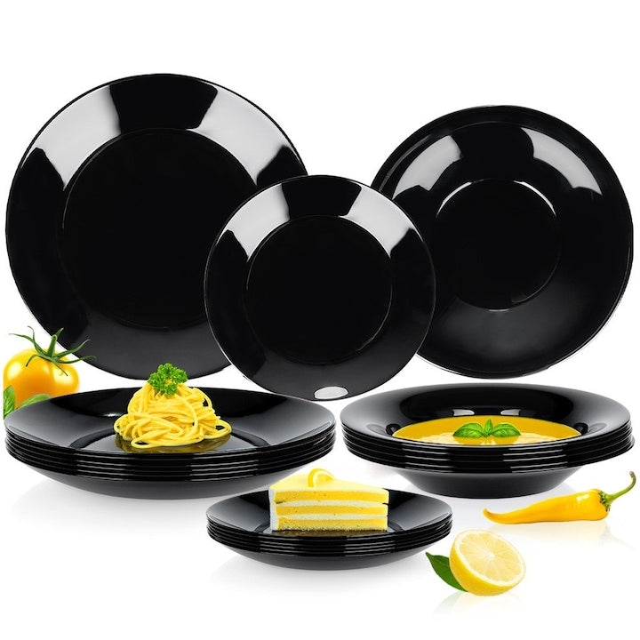 Set De Farfurii De Pranz  Vilde  18 Piese  Dimensiuni Variate  Sticla  Compatibile Cu Masina De Spalat Vase Si Cuptorul Cu Microunde  Utilizare Universala  Design Clasic  Negru