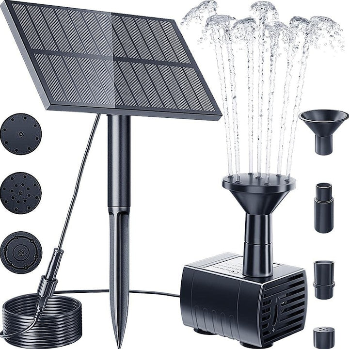 Solar pump for fountain, adjustable angle, 5V, 1.5W, 160L/h, 4 nozzles, black, 145x90x50mm, for garden and pond