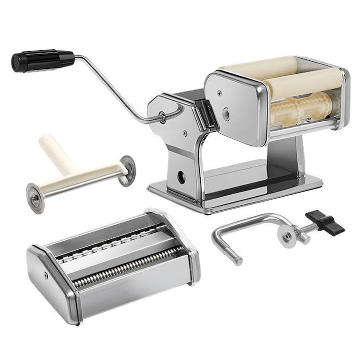 Omelivon 2-in-1 Pasta Maker, Stainless Steel Body, Double Cutter and Ravioli Attachment, 9 Adjustable Thickness Settings 0.5-2.5 mm, Drying Rack and Table Clamp Included, Silver