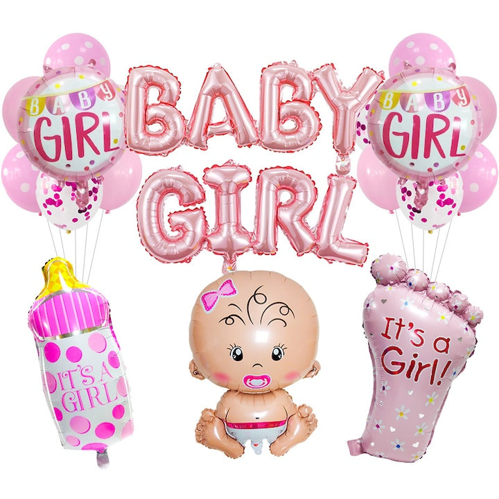 Set Baloane Botez Bebelus Fata - Baby Girl Roz - Baloane Folie Baby Girl  Sticla Lapte  Piciorus + Kit Decor