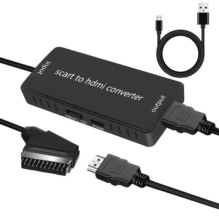 Adaptor scart la HDMI  cu HDMI cablu  cu Cablu USB  video si sunet audio  1080P/720P HD  Compatibil Laptop / HDTV / DVD / Video / Proiector  Negru