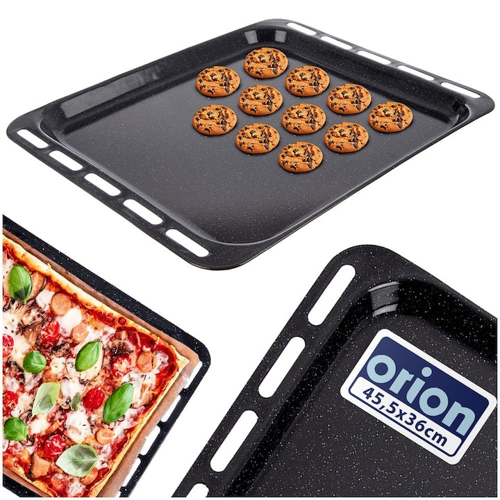 Tava De Copt  Orion  Dreptunghiulara  44.5x36x2 cm  Otel Emailat  Negru  Margini Usor Ridicate  Pentru Prajituri Carne Pizza  Compatibila Cu Cuptor Electric Si Pe Gaz  Usor De Curatat  Se Spala In Masina De Vase