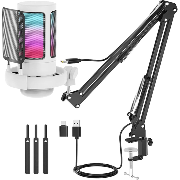 Microfon condensator  Rqiurpn  pentru gaming  youtube  streaming  reducere zgomot fundal  functie mute  cardioid  lumina RGB  filtru pop  brat ajustabil  Jack Monitorizare  Compatibil Windows  MacOS  PS4  PS5