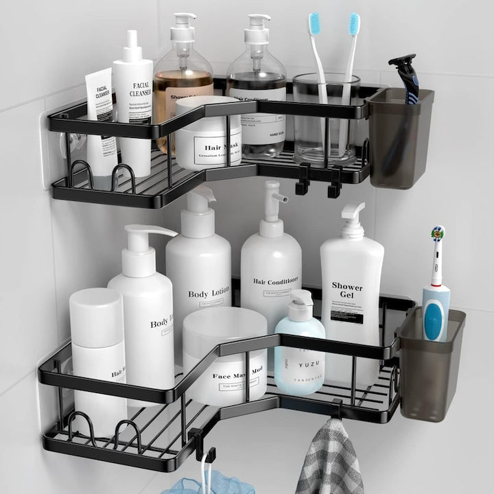 Raft de dus  etajera de colt pentru baie  cu 2 Cutii Depozitare  4 Carlige  4 Adezivi  Inox  Fara Gaurire  Organizator Baie  Negru