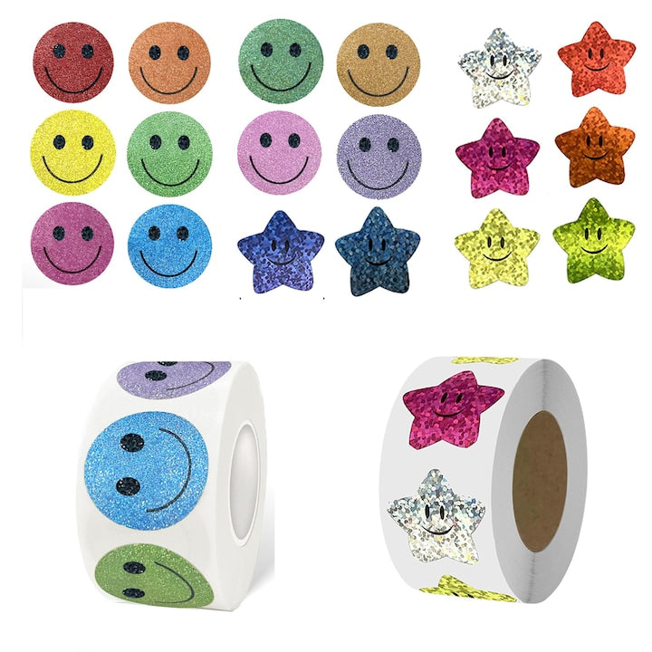Set of 2 Rolls of Self-Adhesive Star and Smiley Face Stickers, Multicolor, 500/Roll, PVC