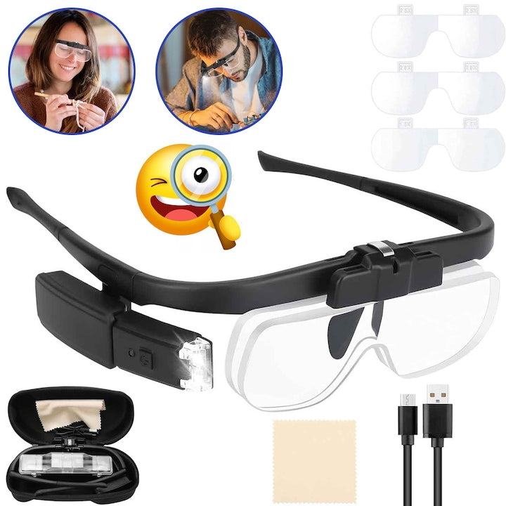 Rechargeable LED Magnifying Glasses, Headband Magnifier for Reading, 3 Detachable Lenses (1.5X, 2X, 2.5X) for Reading, Precision Work, Watchmakers, Visually Impaired, Interchangeable Magnification
