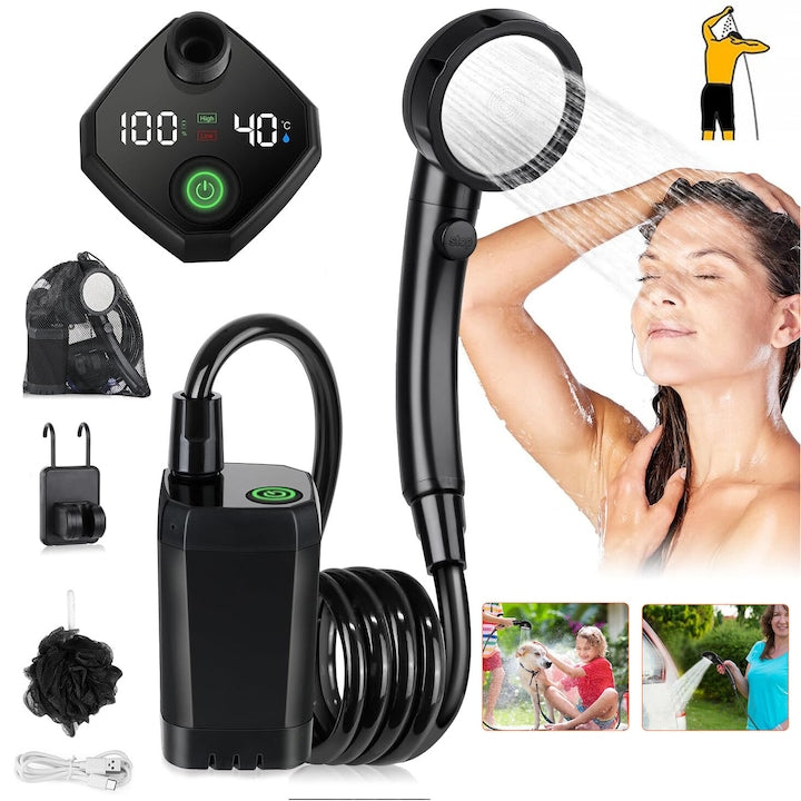 Portable Camping Shower 6000mAh 4 Spray Modes Waterproof Black 7x12cm - complete set with accessories