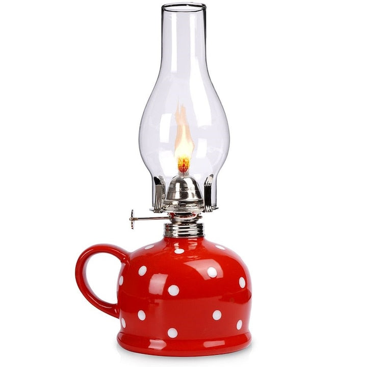 Lampa Cu Ulei  De Sine Statatoare  Tecka  28.5 cm  Sticla  Ceramica  Fitil Reglabil  Materiale De Inalta Calitate  Rosie Cu Puncte Albe