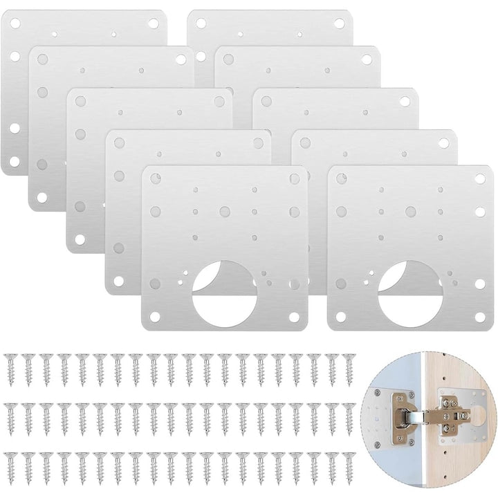Set placi reparatie balamale dulap  10 bucati  cu suruburi  otel inoxidabil 304  pentru mobilier si usi de dulap de bucatarie  YQLAFT  Argintiu