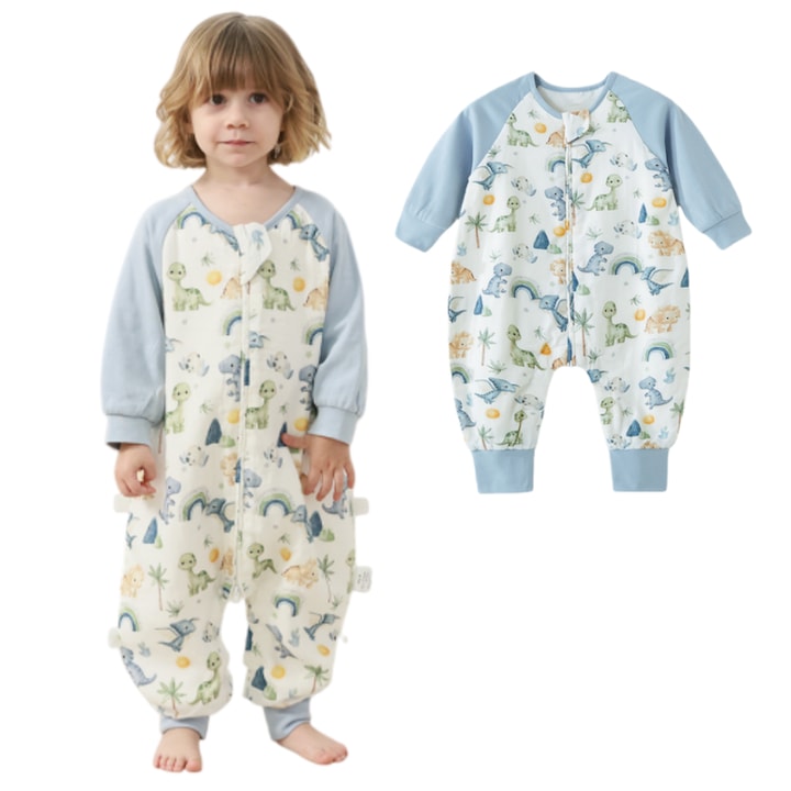 Anti-kick baby sleeping bag made of bamboo fiber, 18-36 months, height between 75 and 100 cm, 1 tog, for all seasons, baby sleeping bag with separate legs, Class A, with dinosaur prints, sleeping bag, sleepsuit