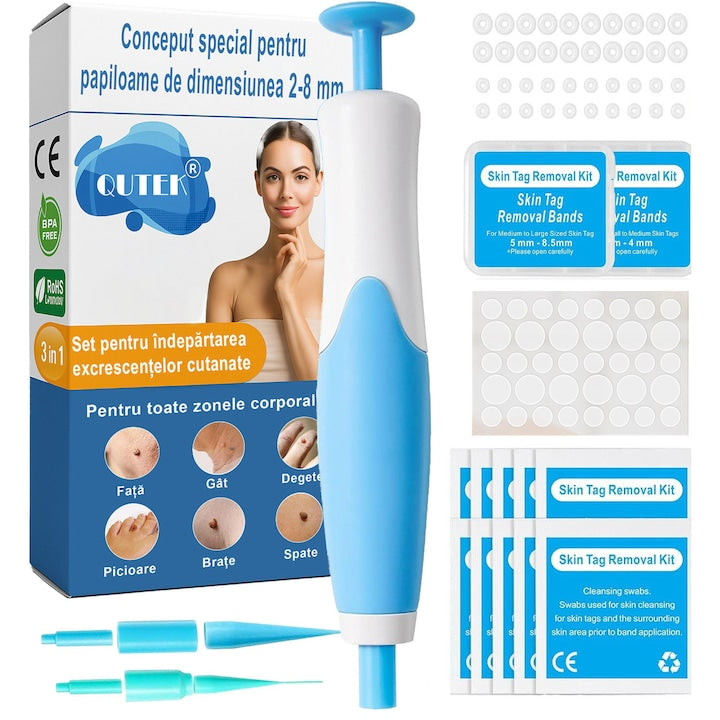 Kit Indepartare Papiloame QuTek- Dispozitiv Ligaturare 2-8mm  Usor de Folosit  Rezultate Rapide  40 Benzi Cauciuc  2 Capete Interschimbabile  10 Servetele Alcool  36 plasturi transparenti  Alb/Albastru