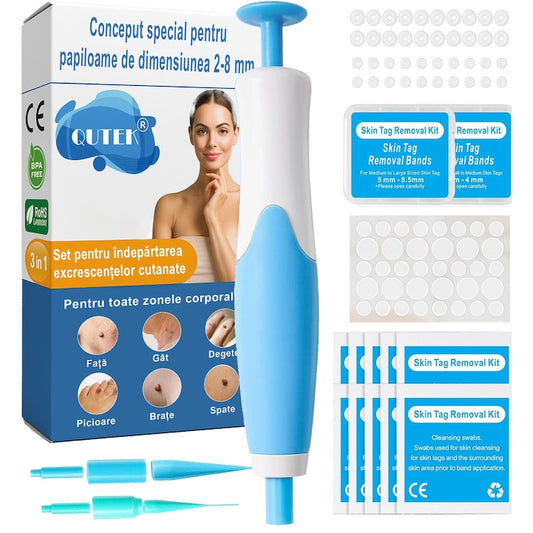 Kit Indepartare Papiloame QuTek- Dispozitiv Ligaturare 2-8mm  Usor de Folosit  Rezultate Rapide  40 Benzi Cauciuc  2 Capete Interschimbabile  10 Servetele Alcool  36 plasturi transparenti  Alb/Albastru