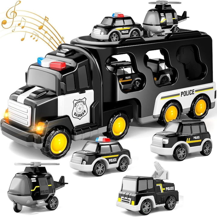 Police Truck Toys for 2-8 Year Old Toddlers 7-in-1 Friction-Powered Emergency Vehicle with Lights and Sounds Carrier Truck Toys for Kids Birthday Christmas Gift