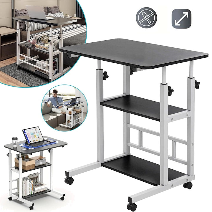 CHOOLY Mobile Desk, height adjustable 63-82cm, black and white, dimensions 60x40cm, with wheels