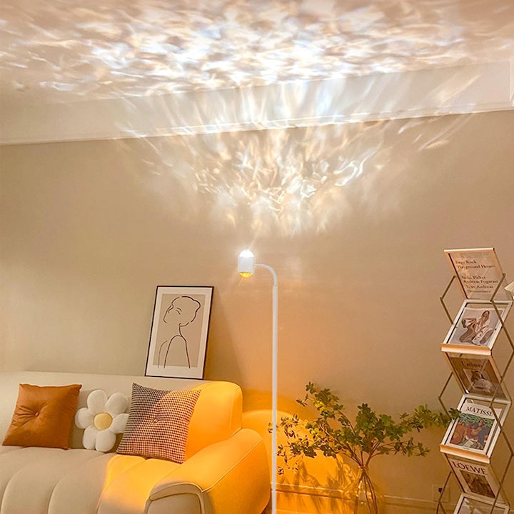 Proiector cu lampa de podea LED  iluminare dubla laterala  cu apus de soare care schimba culoarea  val oceanic 3D  rotatie de 720°  moduri 8  5000K  WALALLA  alb