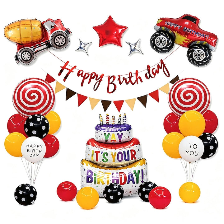 Set Baloane Petrecere Copii Tema Masini de Constructii 33 Piese - Banner La Multi Ani  Baloane Folie Camion  Tort Mare  Stele + Baloane Latex