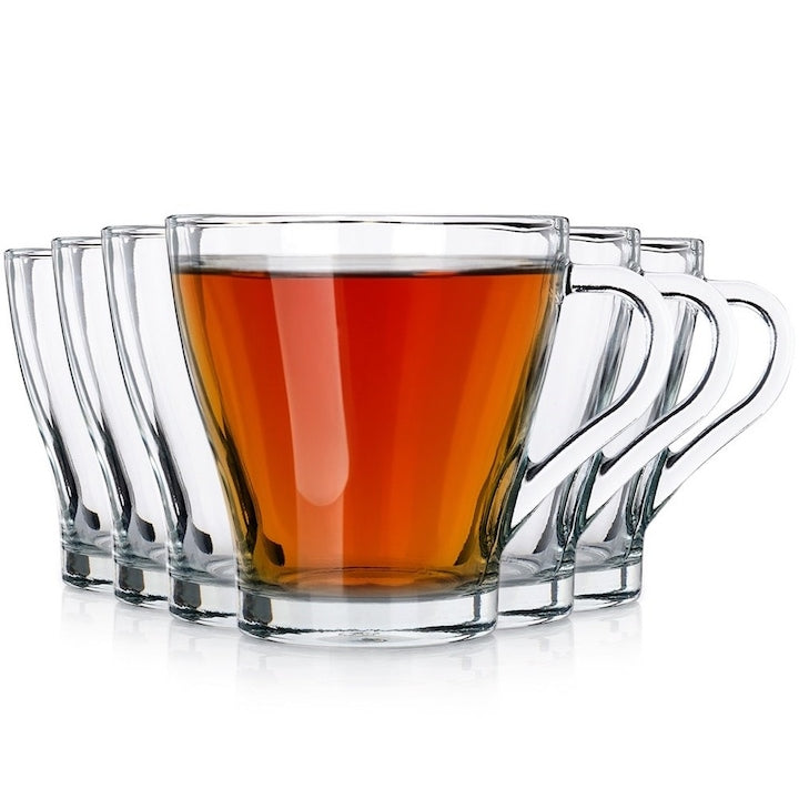 Pahare clasice Vilde cu maner  Set 6 bucati  pentru cafea  ceai si bauturi calde sau reci  250 ml capacitate  din sticla transparenta  rezistente  inaltime 9.5 cm  diametru 8.5 cm  compatibile masina de spalat vase si cuptor microunde  idea
