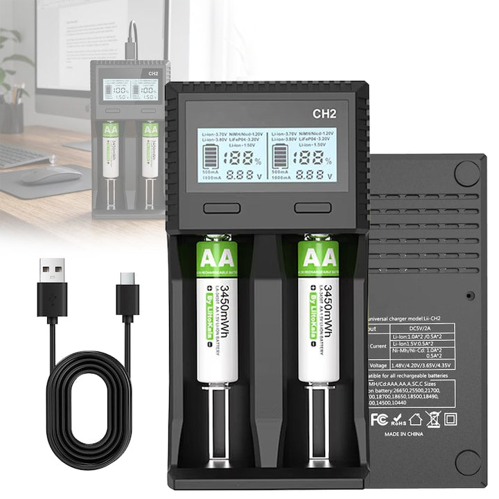Incarcator pentru acumulatori universal  Wacorresi  Incarcator inteligent 2 sloturi pentru baterii  Afisasj LCD  Protectie Multi-Siguritate  incarcare rapida Ni-MH/Ni-Cd AA  110-240V AC  12V DC  Negru