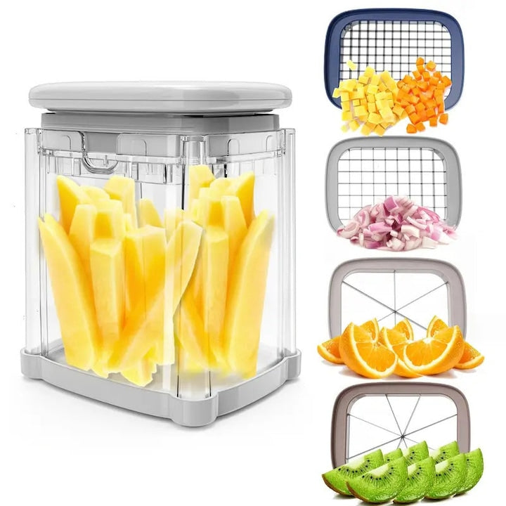 Rqiurpn 4-in-1 Vegetable Chopper, Multifunctional, Potato Cutter, Onion Slicer, Food Chopper, Apple Slicer, Stainless Steel Blades, Highly Durable, Easy to Clean, Plastic, White