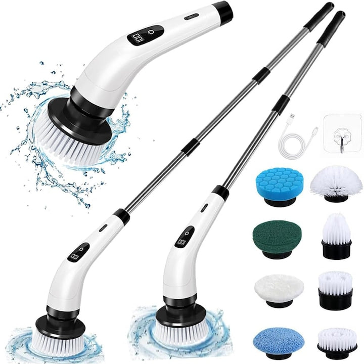 Perie electrica rotativa pentru curatare eficienta fara efort  maner extensibil  2 viteze reglabile  multifunctionala fara fir  baterie cu incarcare USB tip C  Afisaj LED 2000mAh  pentru diverse suprafete  cu 8 capete detasabile  Alb