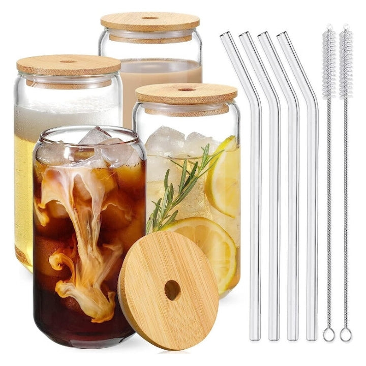 4 Glass Cans with Bamboo Lids and Glass Straws carrlinechoo 480ml Can-Shaped Ideal for Cocktails Beer Coffee Tea 2 Cleaning Brushes Included Transparent