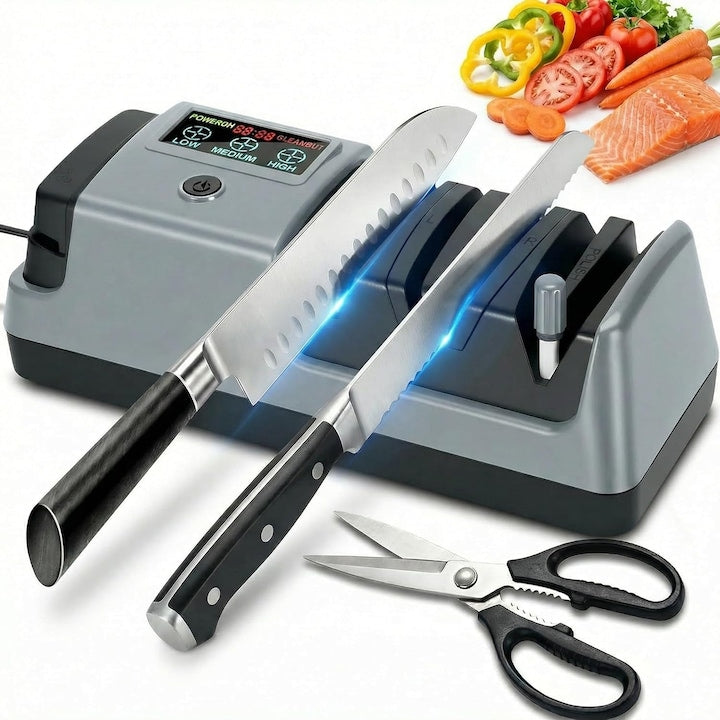 Ascutitor de Cutite Electric  Dispozitiv electric profesional pentru ascutit cutite si foarfece  3 trepte de viteza  afisaj digital  5 sloturi si discuri de ascutire diamantate  pentru o gama larga de tipuri de cutite si Foarfeci  OUYL