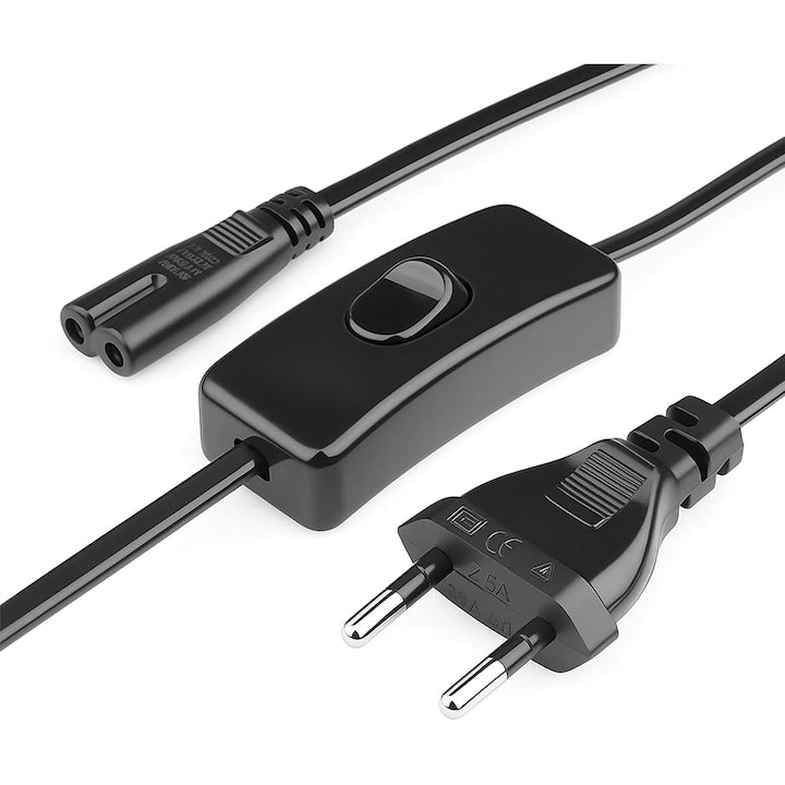 Cablu de alimentare TV  1.8m  cu intrerupator  Mufa Euro cu 2 pini la mufa figura C7  2.5A  250V  Pentru scanere  Imprimante  Monitoare TV LED  PS5  Xbox etc  Negru