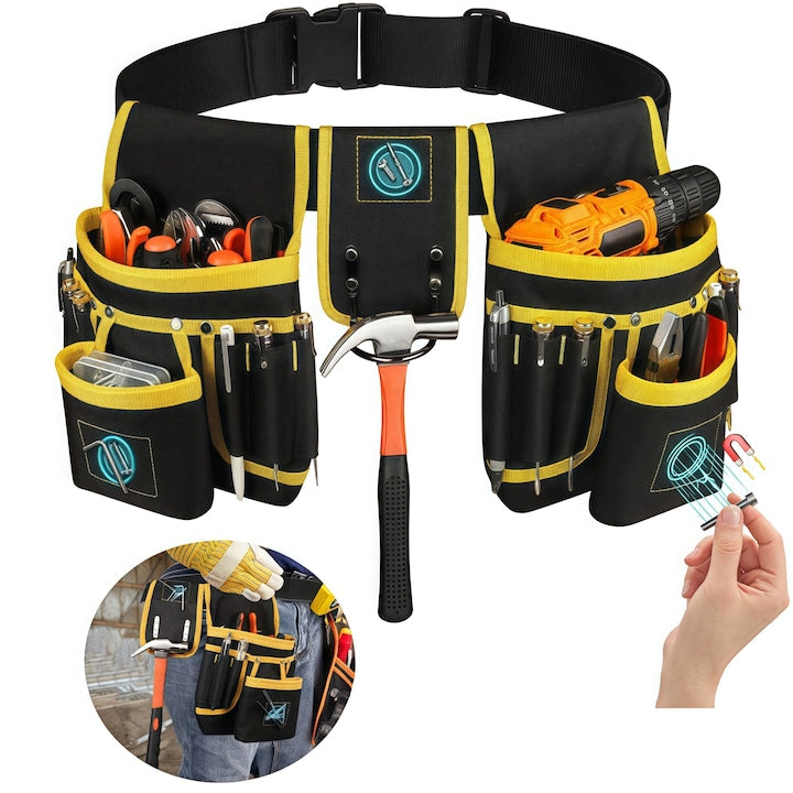 Centura port scule material textil  Wacorresi  Centura dubla port scule  Centura din piele pentru scule  cu 26 buzunare  Centura Reglabila  Impermeabil  pentru Electrician  Tamplar  Mecanic  magnetic  32CM✕25CM✕6CM  negru