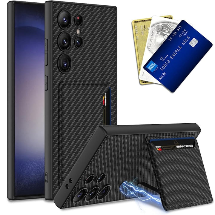 Husa protectie telefon  cu suport pentru carduri  cu suport de sustinere  Magnetica  husa din piele cu fibra de carbon  Pentru Samsung Galaxy S24 Ultra  Negru