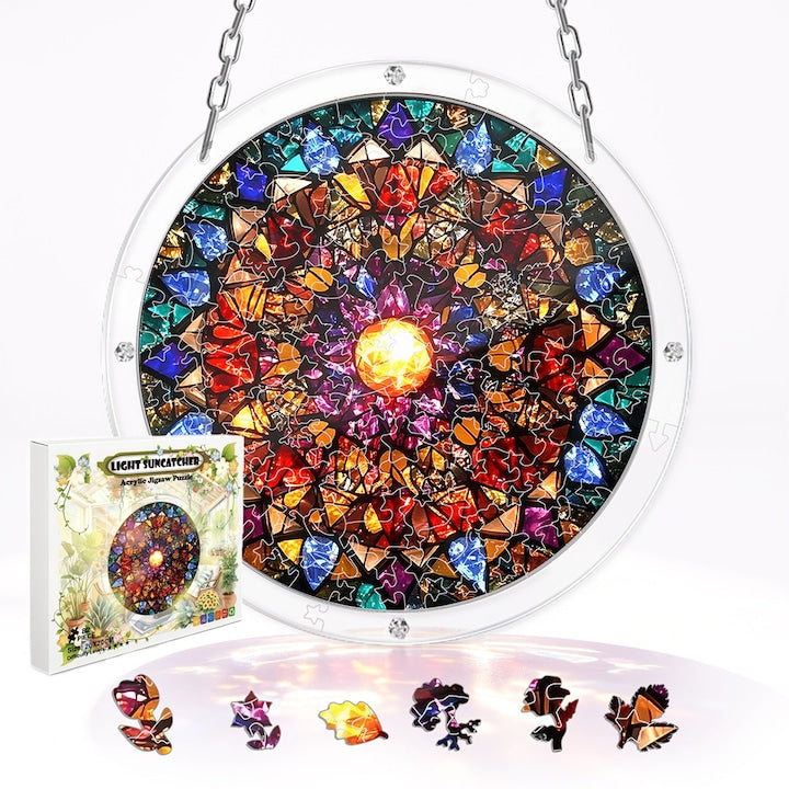 Set Puzzle Acrilic Rotund Captator de Lumina 82 Piese  Diametru 20 cm  Decor Fereastra cu Suport si Lant  Cadou pentru Copii si Adulti