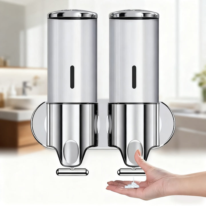 Set of 2 JFYU Shower Gel Dispenser, Liquid Soap Dispenser, Shampoo, Conditioner for Bathroom, ABS/Stainless Steel, Waterproof, For Bathroom, Kitchen, Hotel, Mall, Hospital, School, Silver