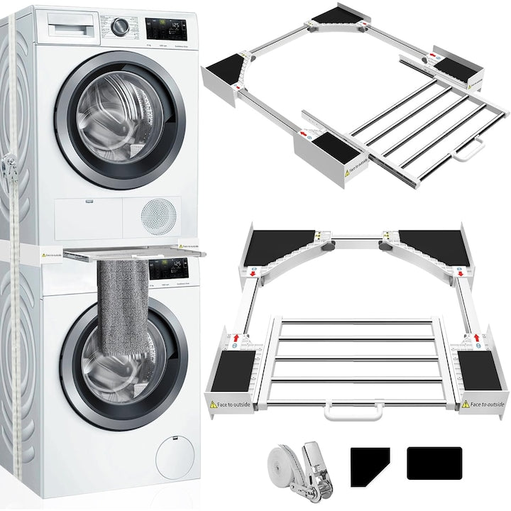 Kit universal de stivuire pentru masini de spalat si uscator  WALALLA  reglabil  latime 54-73 cm  lungime 42-73 cm  stabil si usor de instalat  cu suport pentru prosoape  rafturi retractabile  robust si durabil  negru