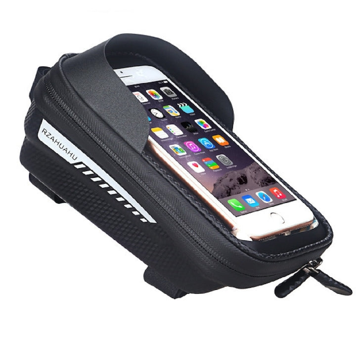 Borseta bicicleta impermeabila  touchscreen  cu husa pentru telefon  montare pe ghidon  design cu mufa dedicata pentru casti  banda reflectorizanta pe ambele parti  pentru telefoane pana in 5.5-7 inch  Neagra