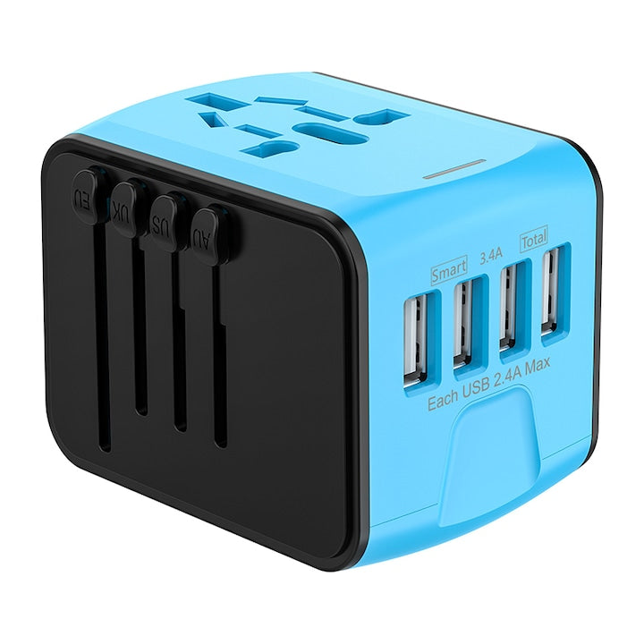 Universal Travel Plug Adapter Rqiurpn Portable Global Charger 4 USB Ports Compatible with iPhone Samsung Huawei Laptop Tablet US UK EU Asia Australia Plug 100-240V blue