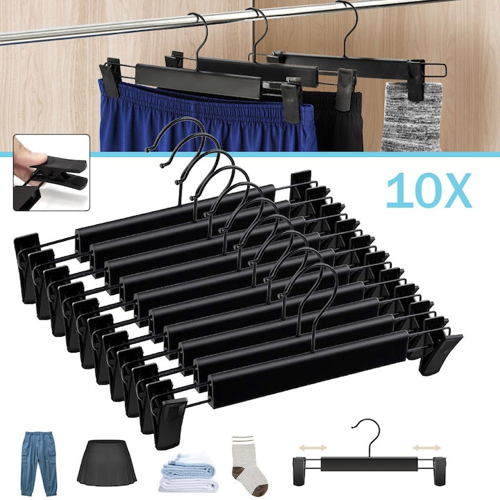 CHOOLY Trouser Hangers, Set of 10, Adjustable Clips, Black, 29x14cm
