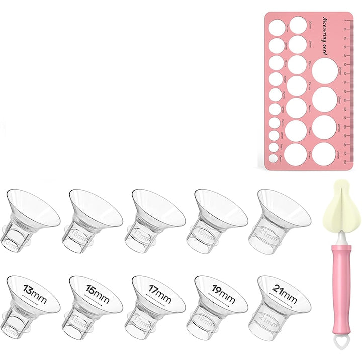 Set of 10 Breast Pump Inserts, Rqiurpn, equipped with measuring tape and cleaning brush, sizes 13/15/17/19/21mm, 5 sizes, compatible with 24mm flange, easy to clean