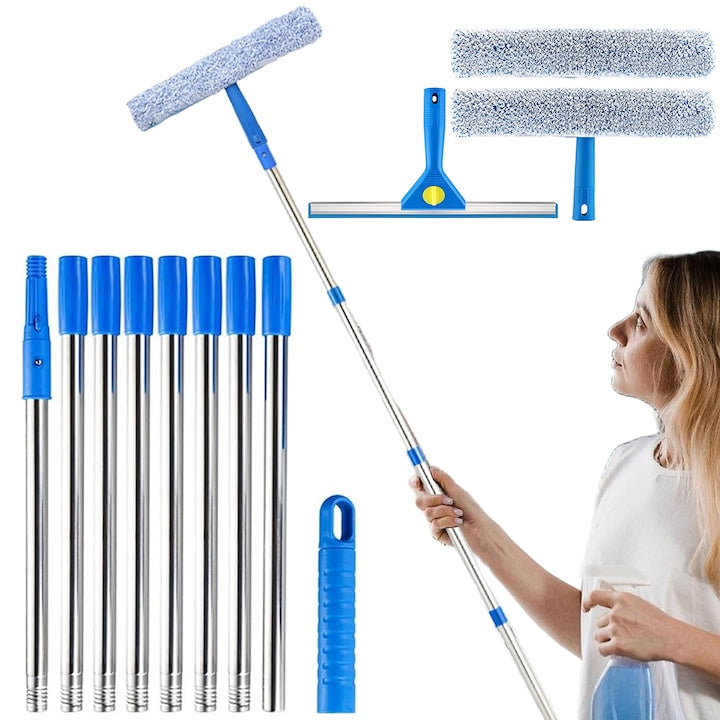 Juksun Set de curatare geamuri  Set stergator geamuri 2-in-1  maner telescopic 3m din otel inoxidabil  comutare rapida - Pentru ferestre  panouri solare  rulote - Albastru