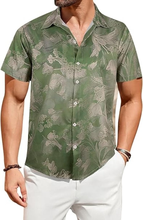 OEM - Camasa Barbati cu Imprimeu Floral Tropical  Maneci Scurte  Material Usor si Respirabil  Croiala Lejera  Guler Rever – Camasa de Vara pentru Plaja  Vacanta si Festivaluri  Verde  Verde 12 rate cu 0% dobândă
