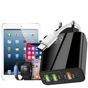 Incarcator Retea 5 Porturi  AHA Cablu USB-C la USB-C 60W Inclus  Fast Charge  total 65W Max (putere totala)  3xUSB  2xType-C  USB QC 3.0  PD 20W  PD 15W  compatibil iPhone  Samsung  Tableta  negru
